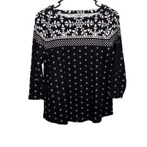 NWT Charter Club Petite Black & White Snowflake Print 3/4 Sleeve Top
